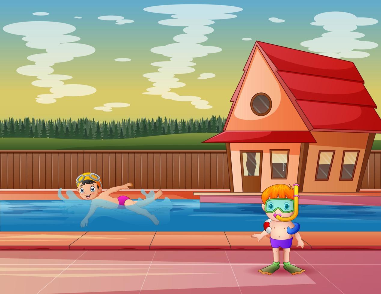 Cartoon the children in the swimming pool vector