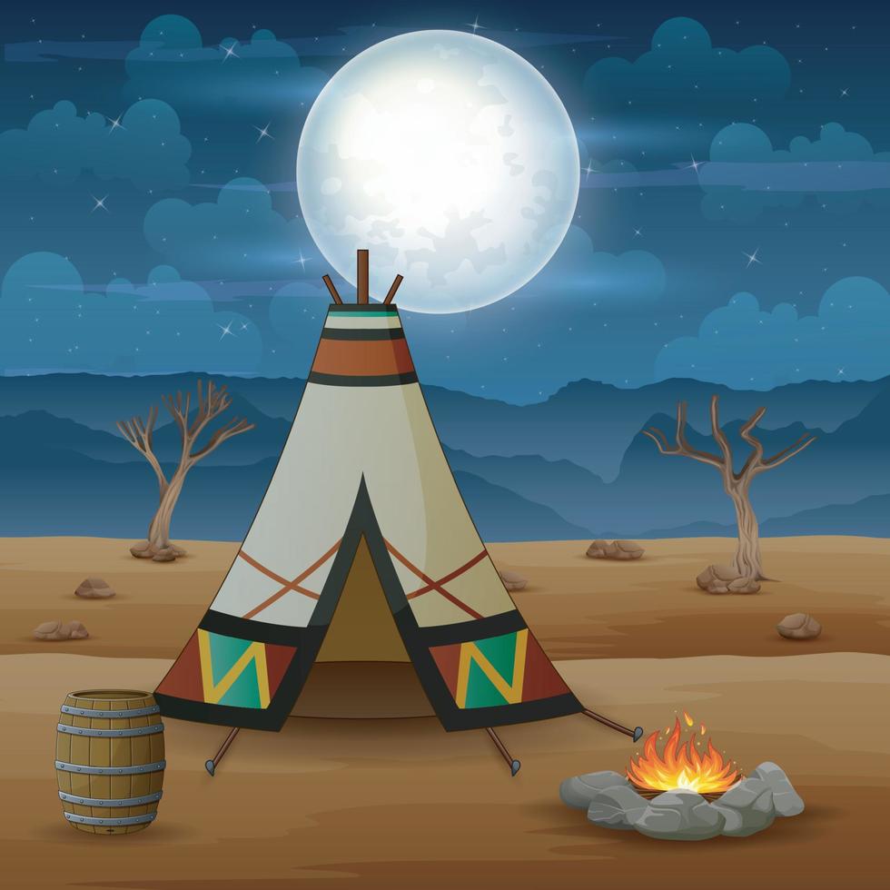 Illustration of american indian tent house and fire at night vector