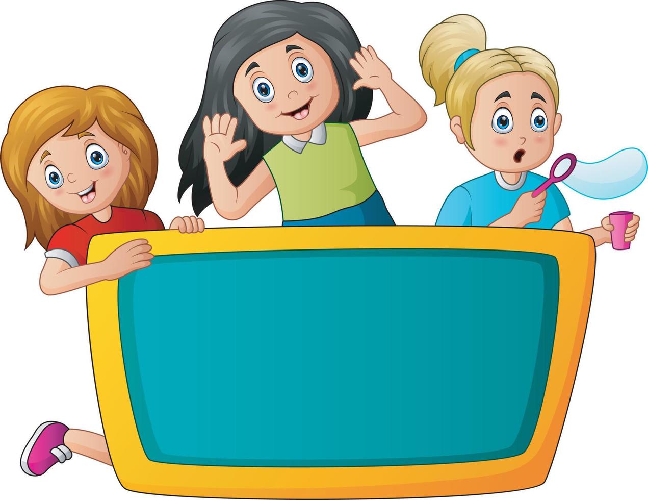 Happy three of girls behind the chalkboard vector