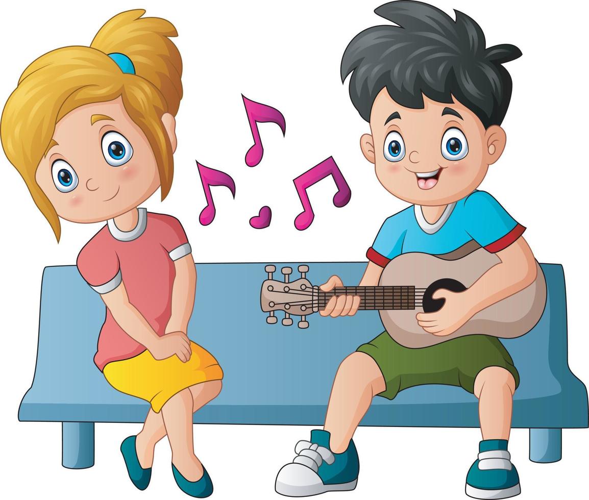 Happy boy playing guitar and singing to his girlfriend vector