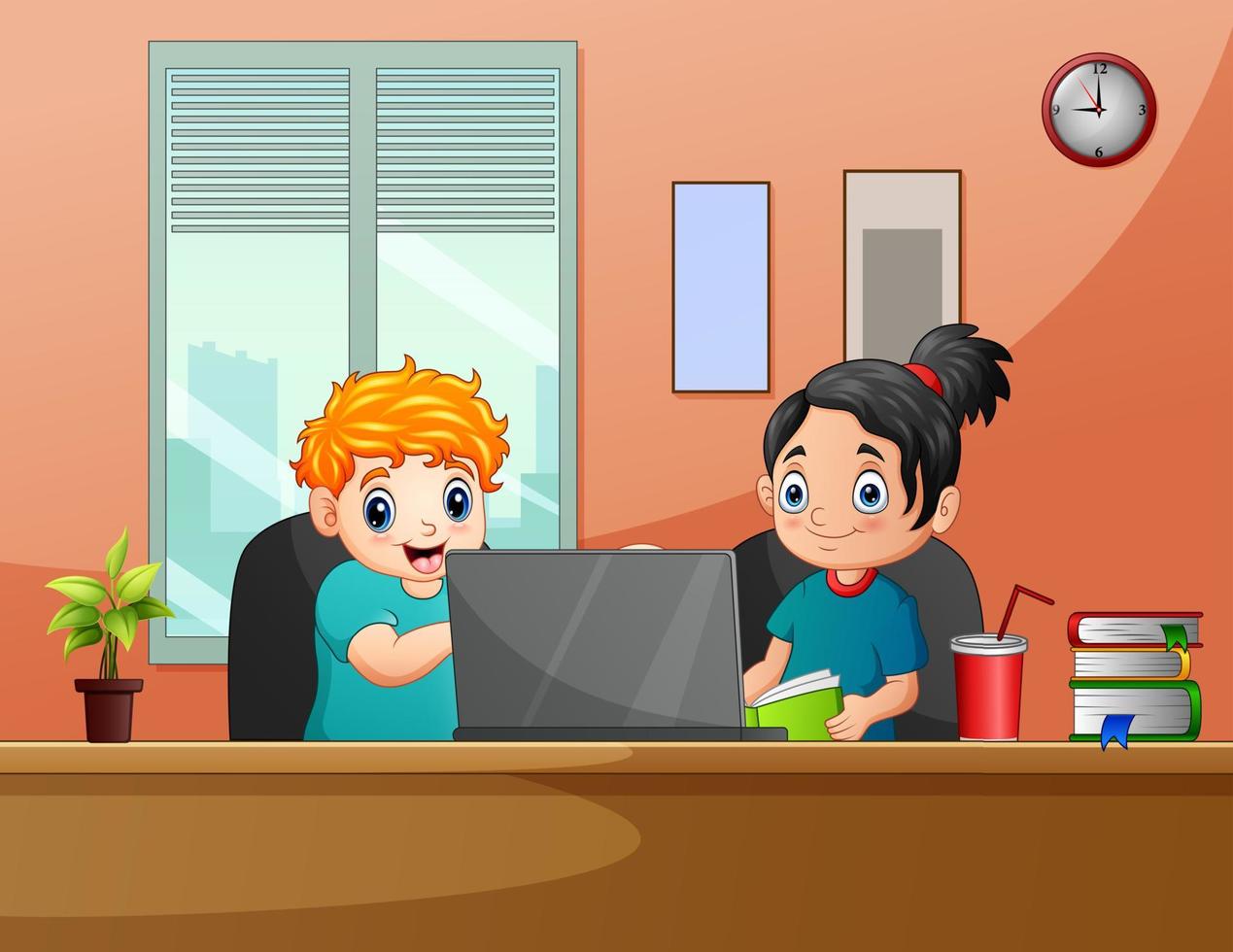 caricatura de los niños jugando con la computadora en el escritorio vector