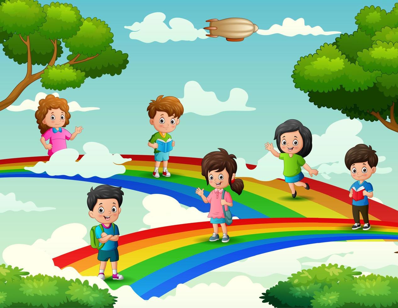 escolares felices de pie en la ilustración del arco iris vector