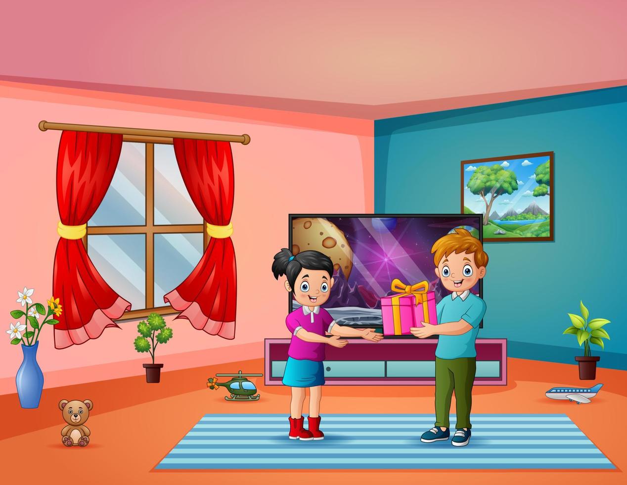 A boy giving gift box to happy girl at home vector