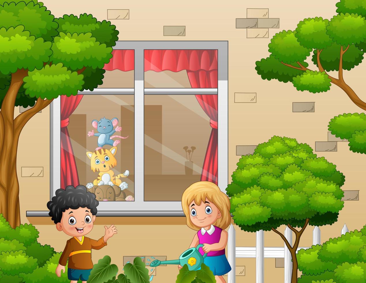 Cartoon girl watering plants in the yard vector