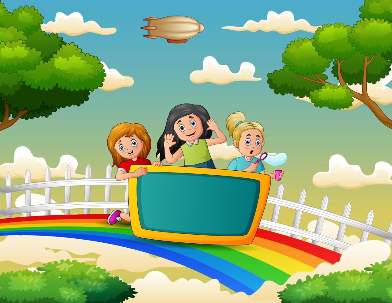 feliz tres de chicas sobre el colorido arco iris vector