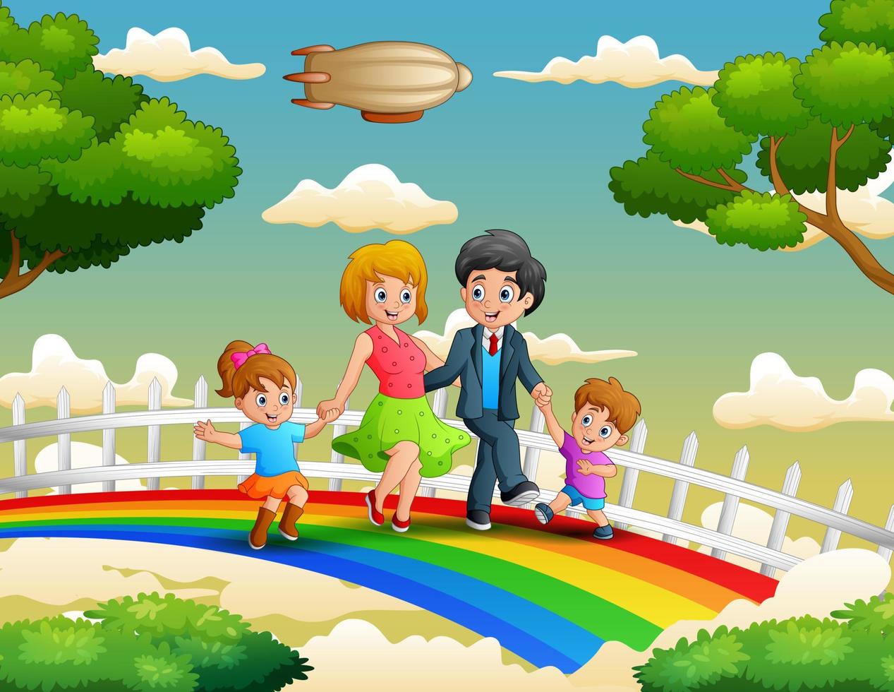 familia feliz caminando sobre el colorido arco iris vector