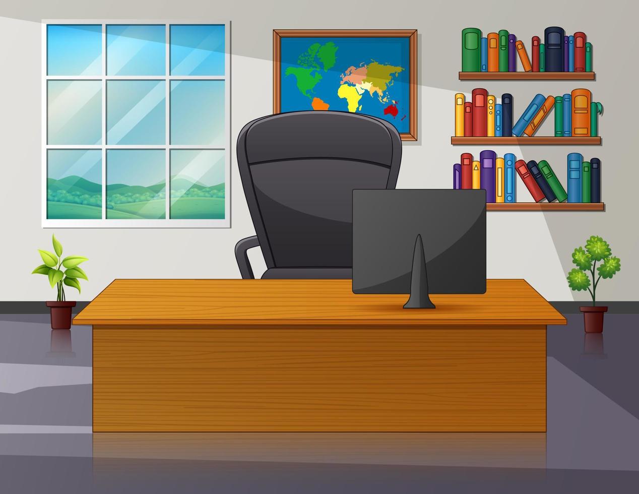 ilustración de dibujos animados del interior de la sala de trabajo con computadora vector