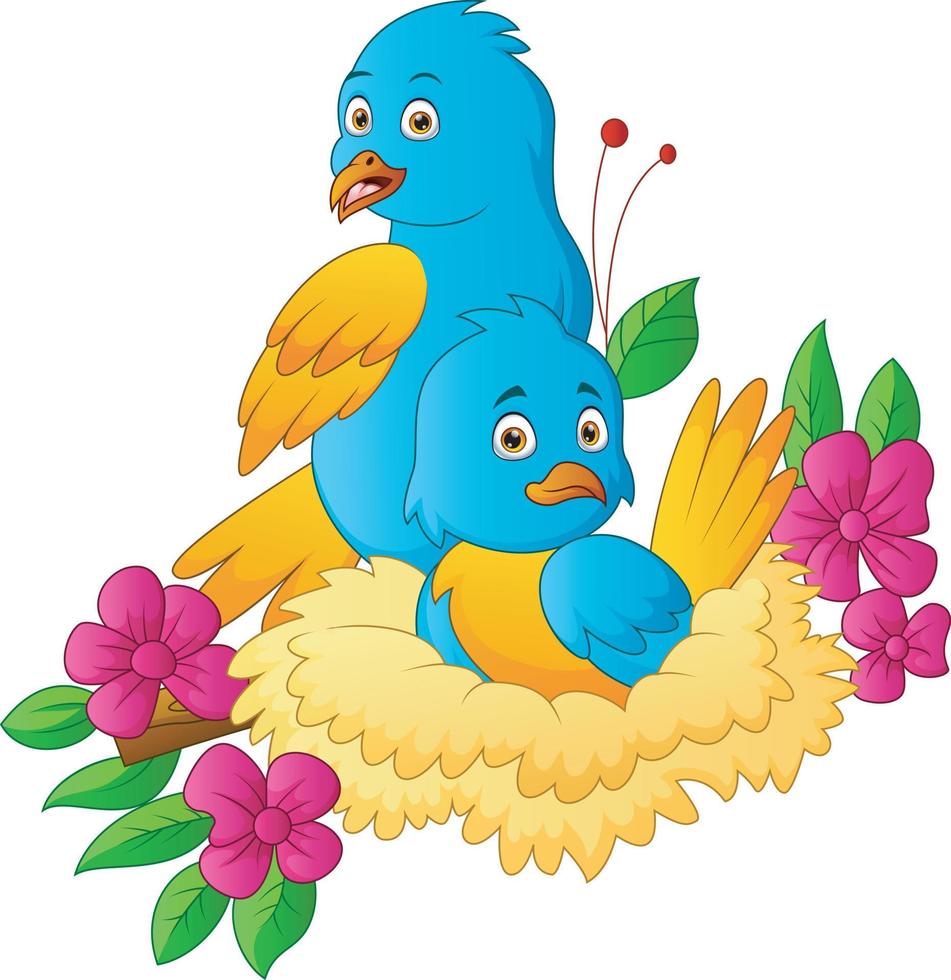 Two parrots in the nestling with a flowers vector