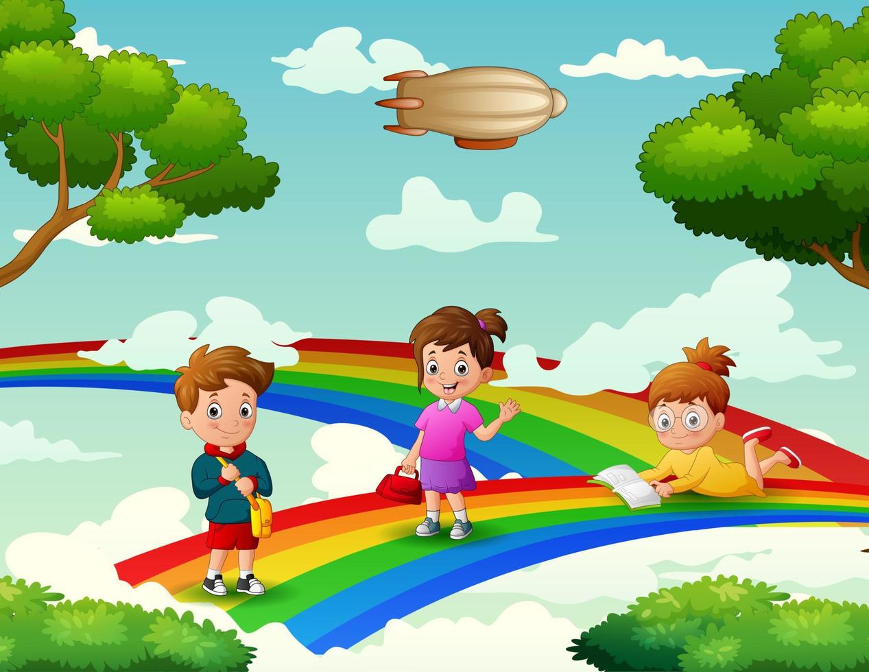 Cute cartoon the children on the rainbow illustration vector