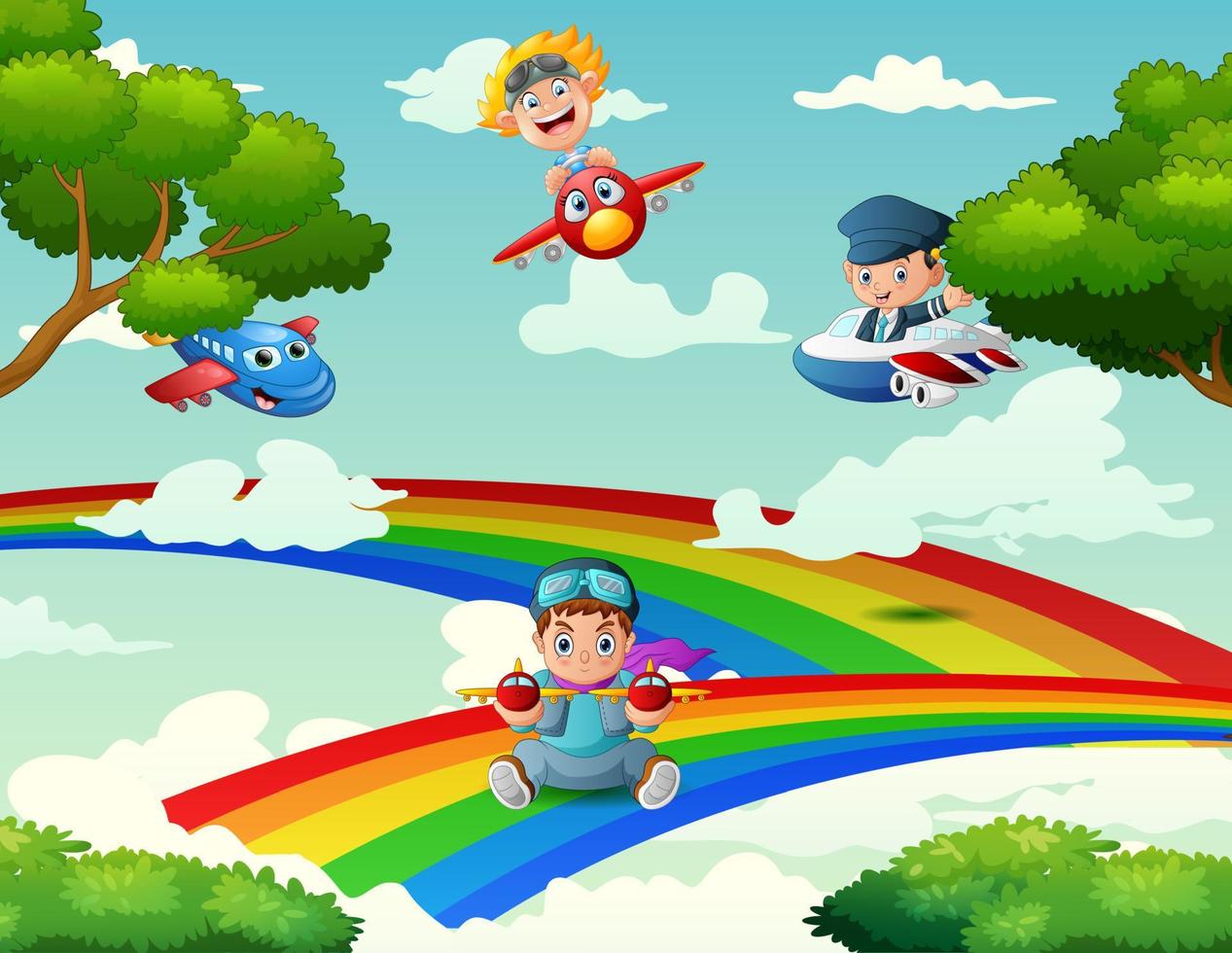 Background of the children playing a plane on a rainbow vector