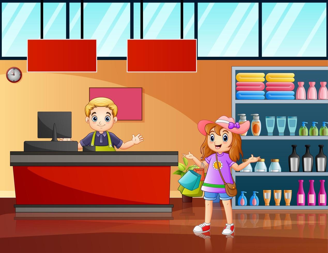 Illustration of a woman paying her groceries at the cashier vector