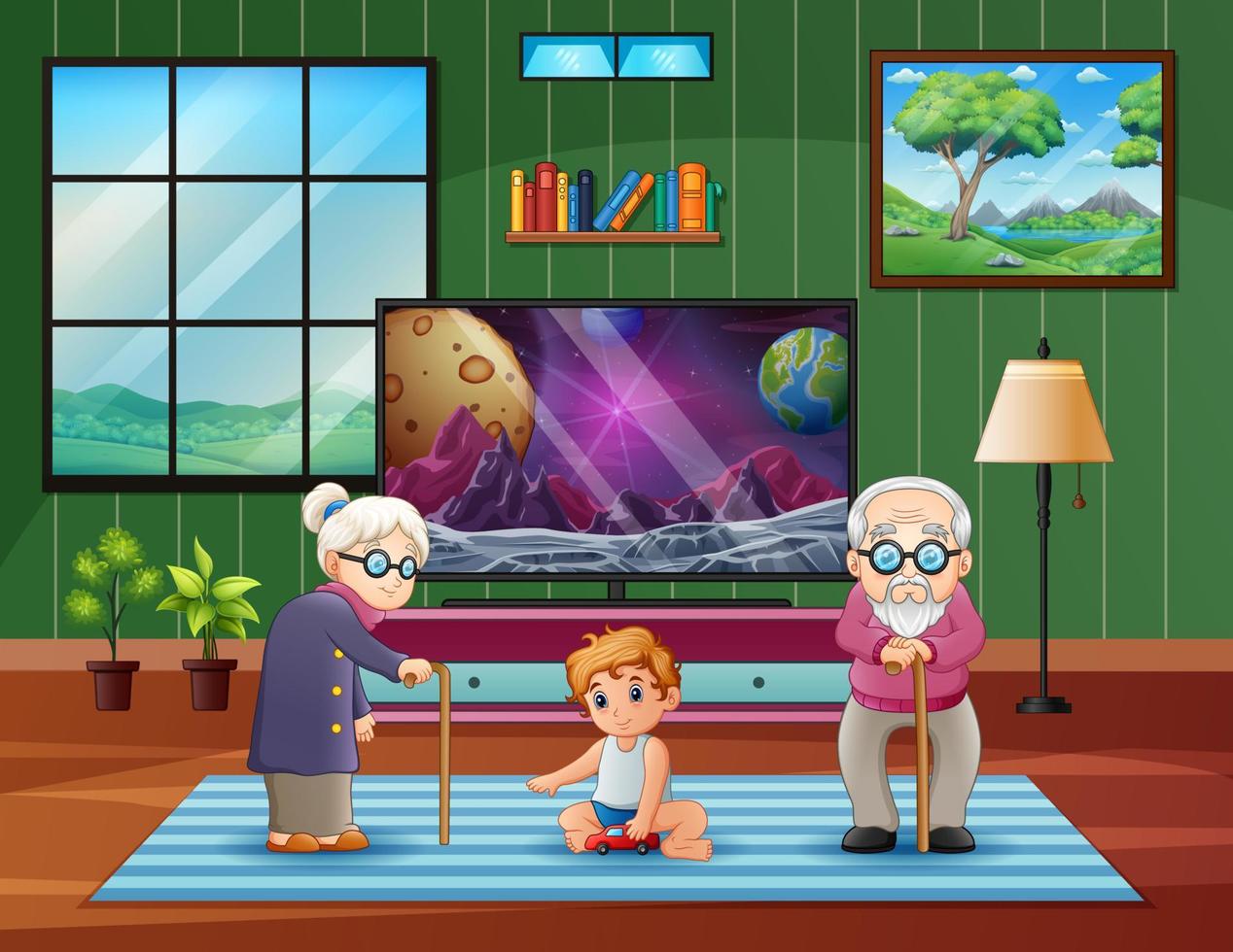 abuelos con sus nietos en la ilustración de la sala de estar vector