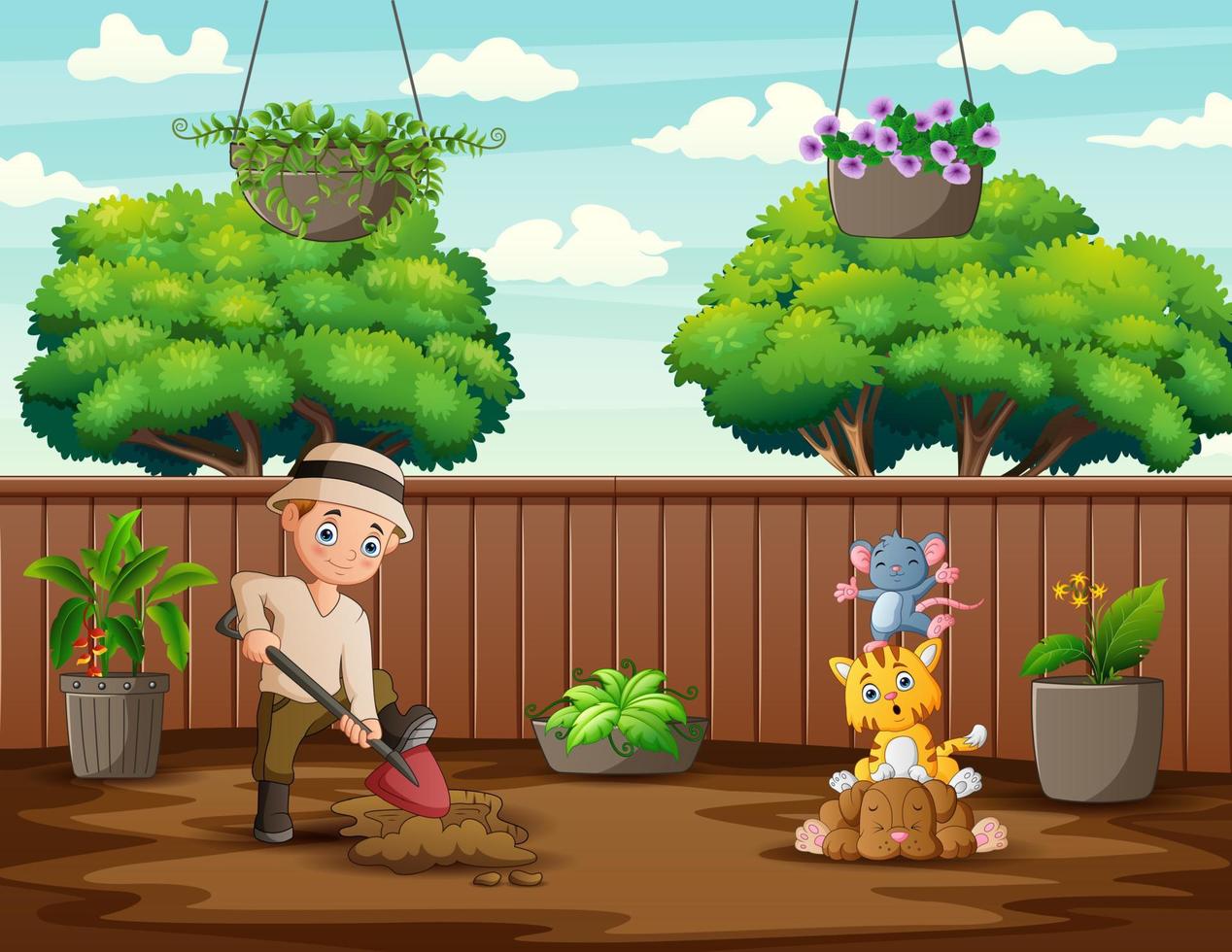 Man digging soil with a shovel in the garden vector