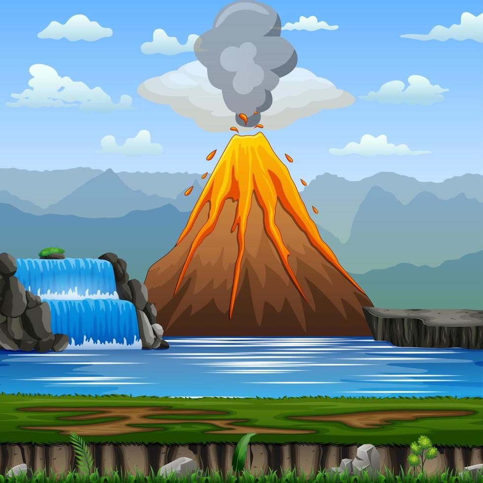 erupción volcánica en una ilustración de escena natural vector