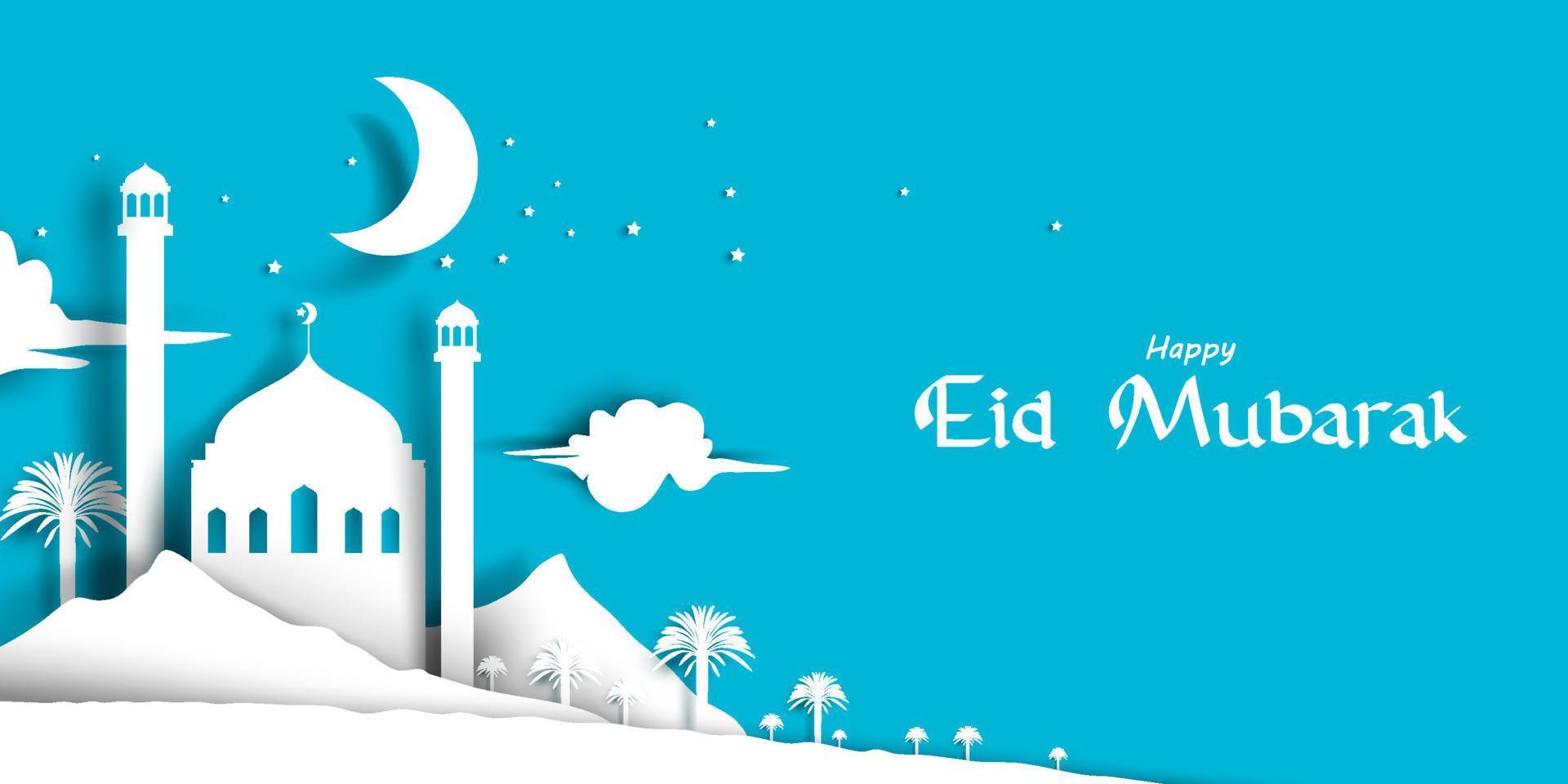 Eid Mubarak greeting Card Illustration, Ramadan kareem cartoon vector Wishing for Islamic festival for banner with beautiful mosque in paper style