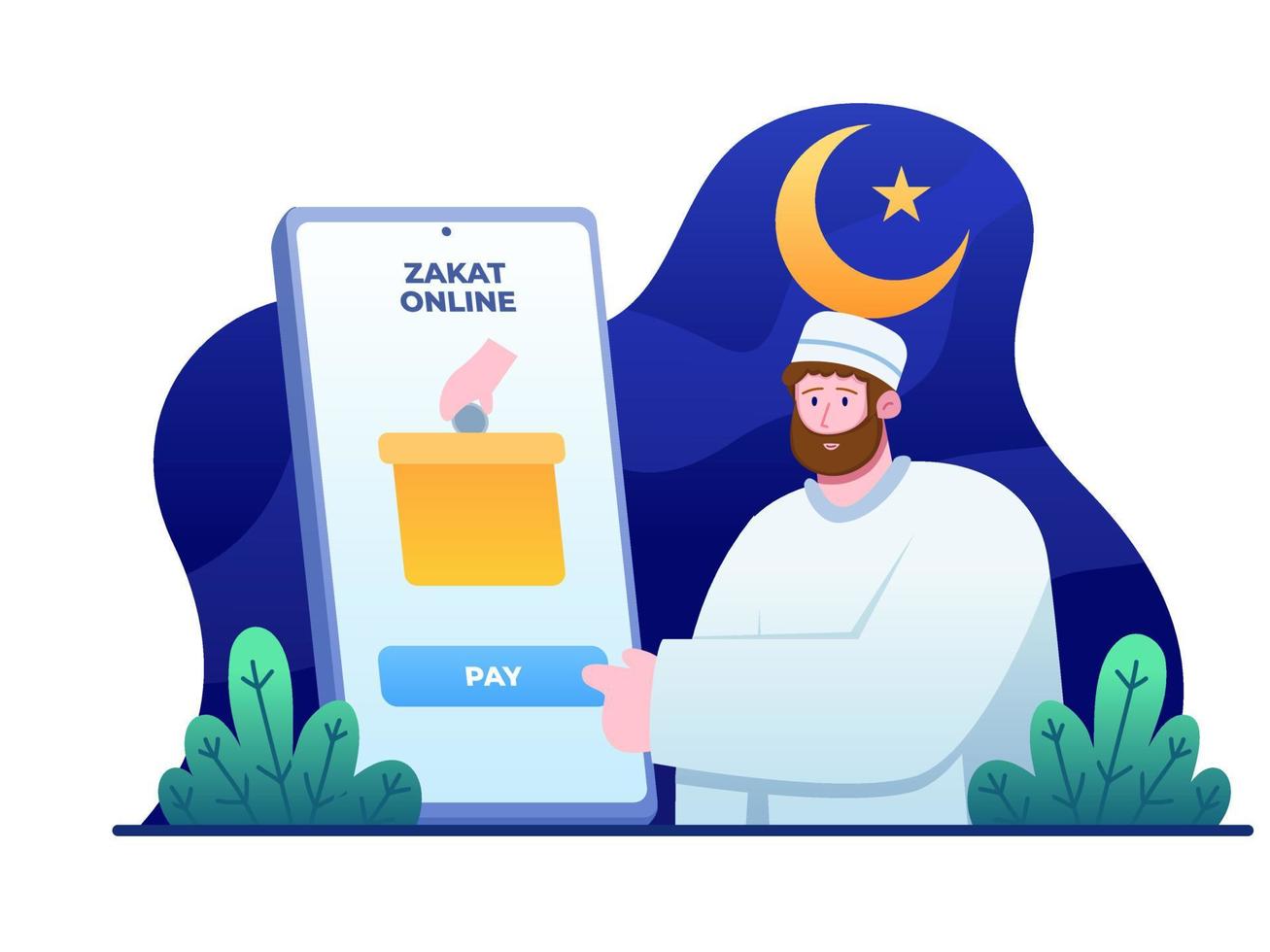 Pay Zakat Online With Mobile Application. Muslim Person Giving Zakat With Online in Smartphone Apps. Can be used for web, landing page, social media, animation, apps, etc. vector