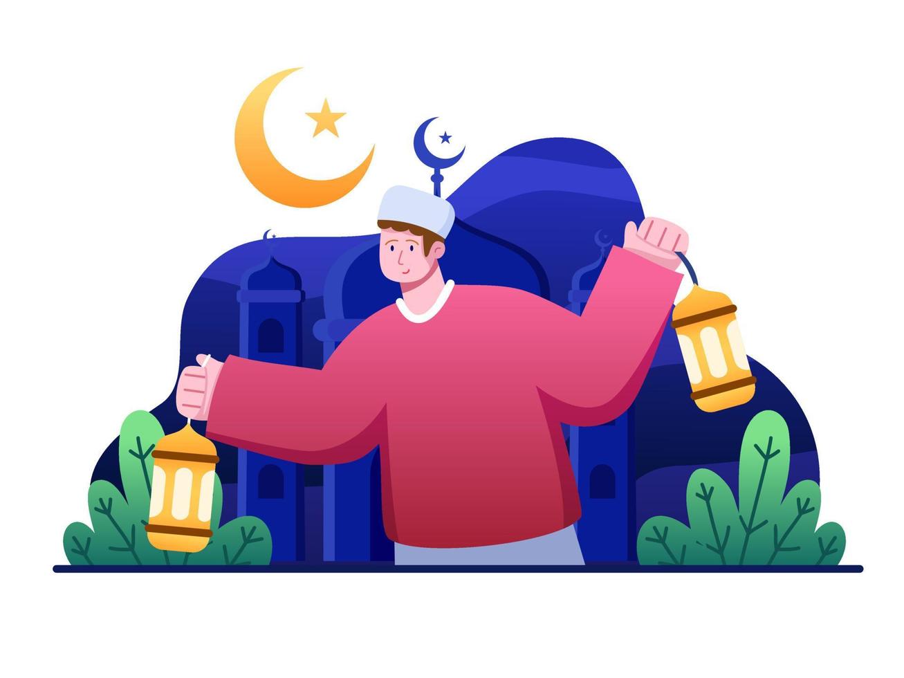 Muslim person holding two light lanterns with crescent moon, stars and mosque background. Happy Ramadan. Can be used for greeting card, postcard, web, animation, etc vector