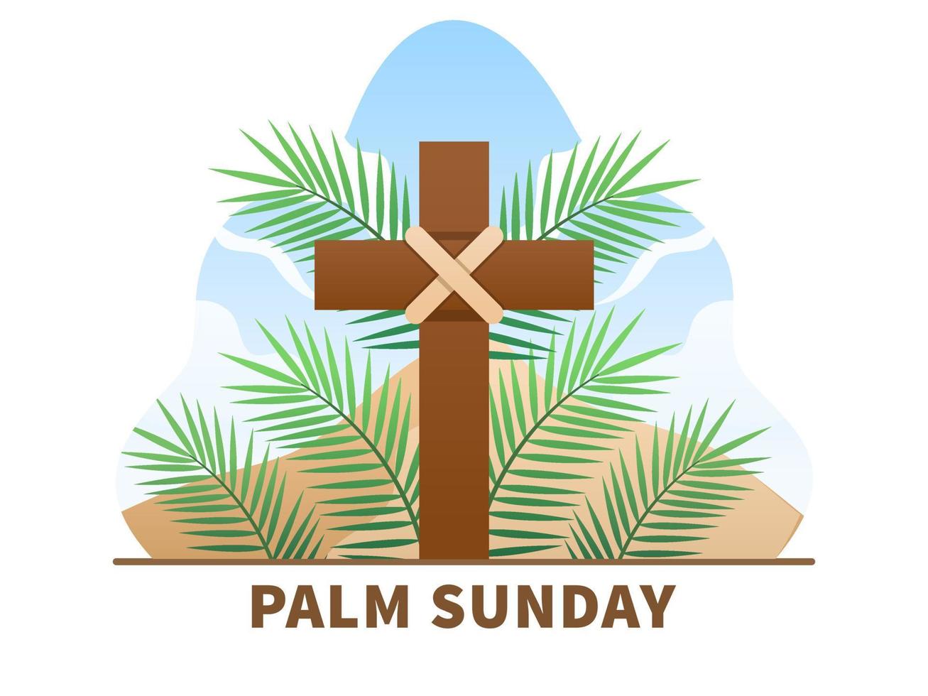 Christian Palm Sunday religious holiday with palm leaves and cross illustration vector. Can be used for greeting card, postcard, banner, poster, web, social media, print, book, etc vector