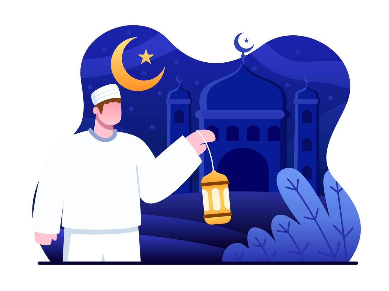 Muslim Person Going To Mosque With Bring Light Lantern. Go to Mosque To Praying Together While Fasting Month. Ramadan Kareem. Can be used for postcard, greeting card, web, landing page, animation, etc vector