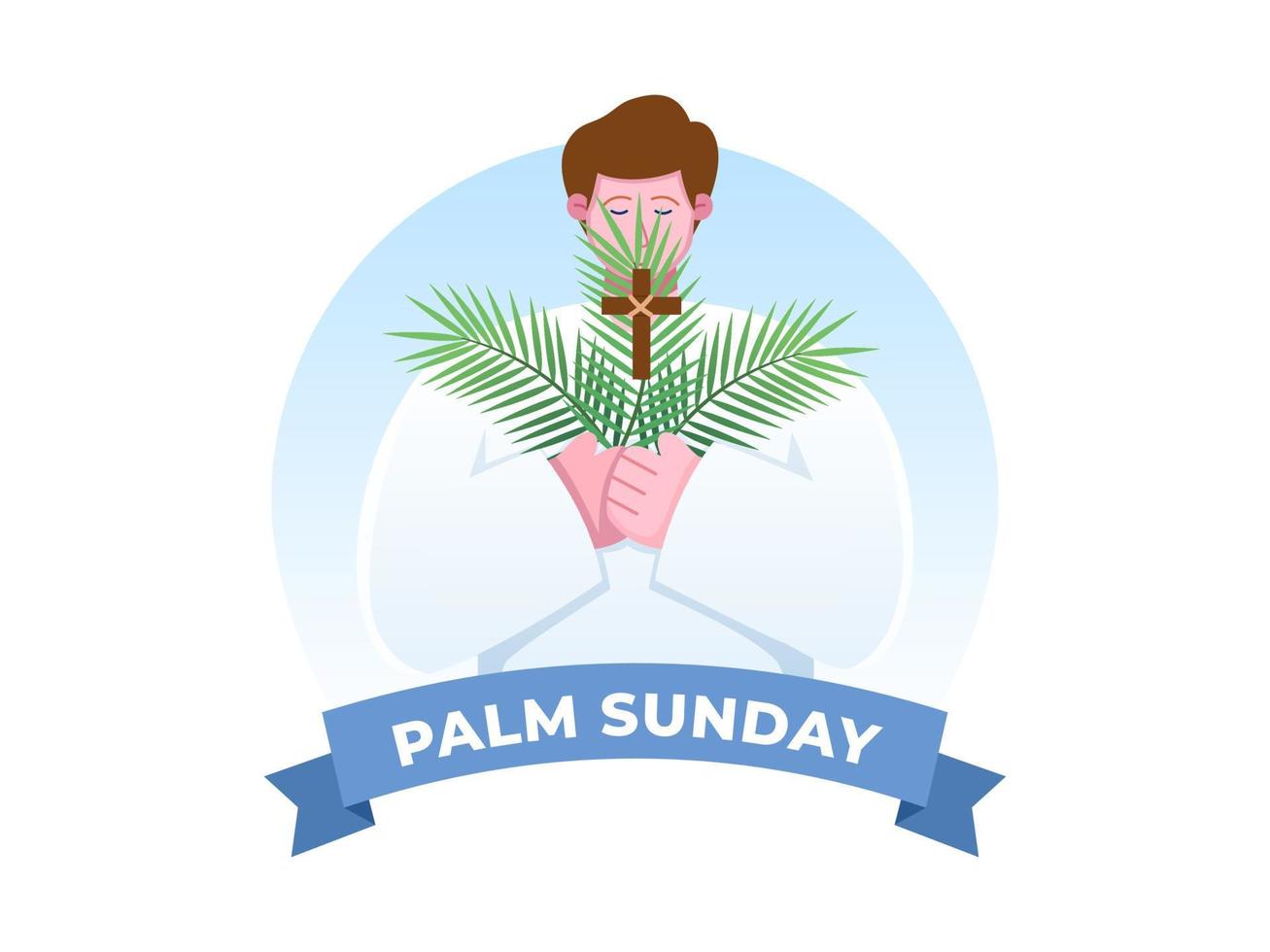 religión festividad domingo de ramos antes de pascua. gente feliz con hojas de palmera ilustración vectorial. se puede utilizar para tarjetas de felicitación, postales, pancartas, afiches, web, impresos, libros, animaciones, etc. vector