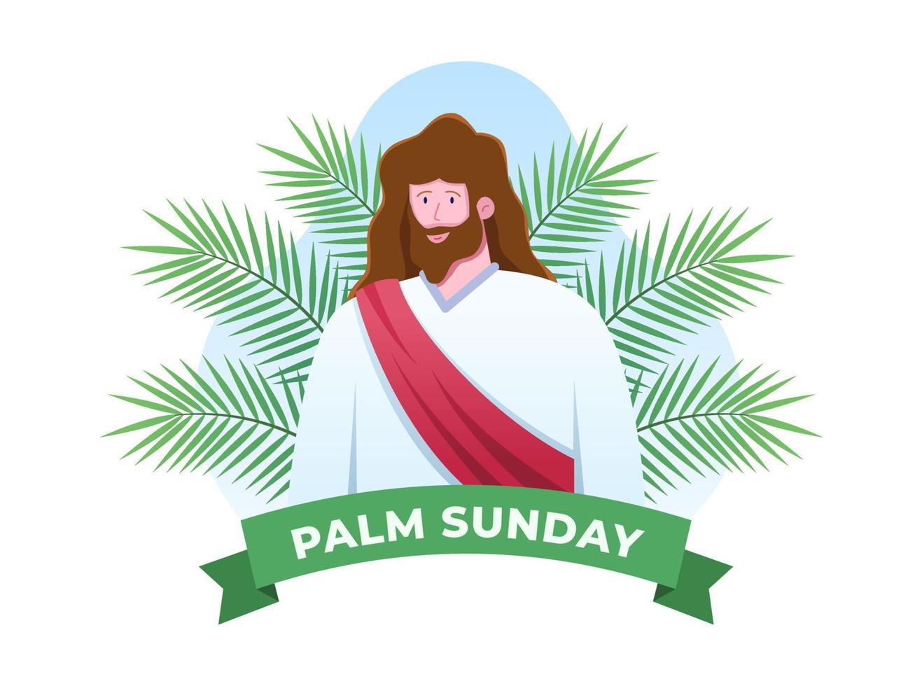 Illustration Christian religion holiday Palm Sunday before Easter Celebration with Jesus enter to Jerusalem and people welcome with palm leaves. Can be use for greeting card, postcard, banner, poster vector