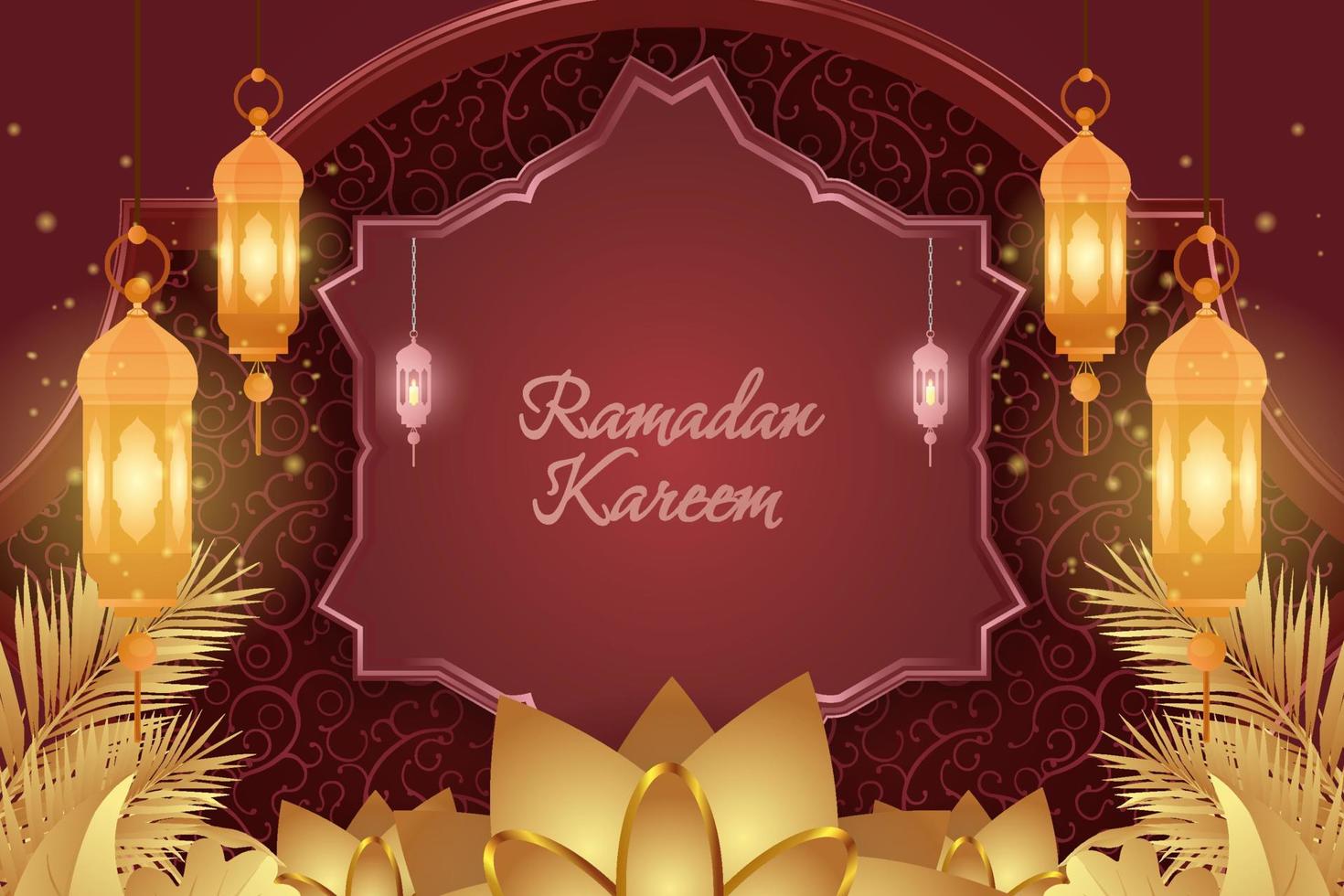 Ramadan Kareem Islamic red and gold luxury with flower ornament vector