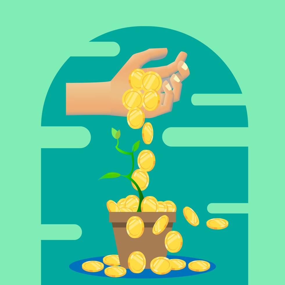 flat design, hand drop money on the plant pot, a growing tree and germinationm, vector illustrator