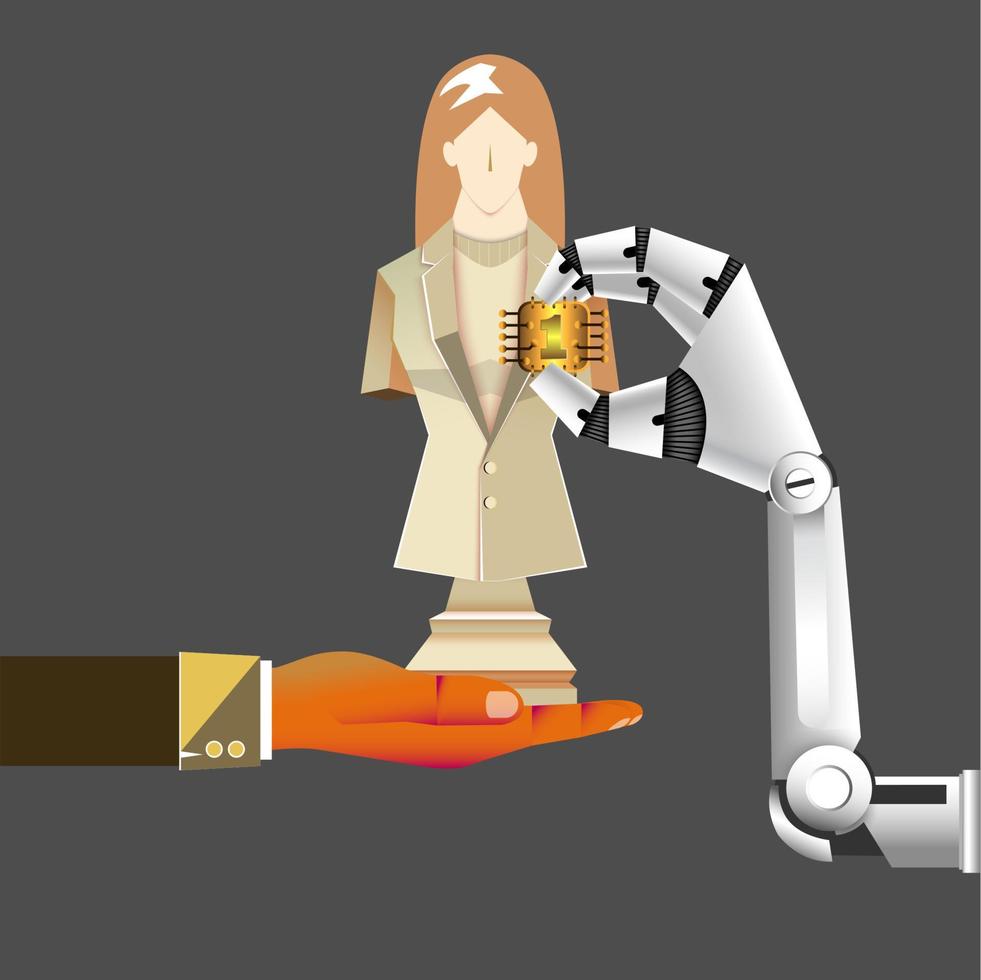 leadership concept, a robot give a chip program to bronze-chess-businesswoman, number one, vector illustrator