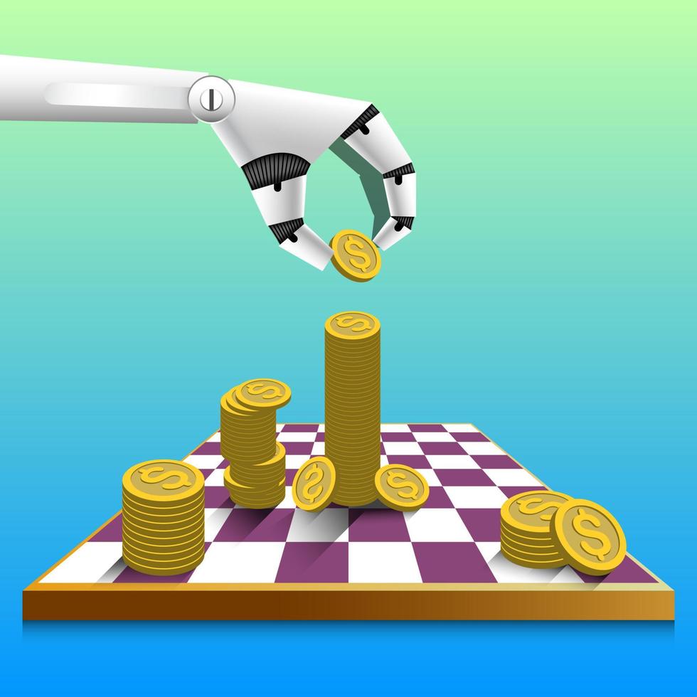 flat 3d design,finance business, robot put money on chessboard, vector illustrator