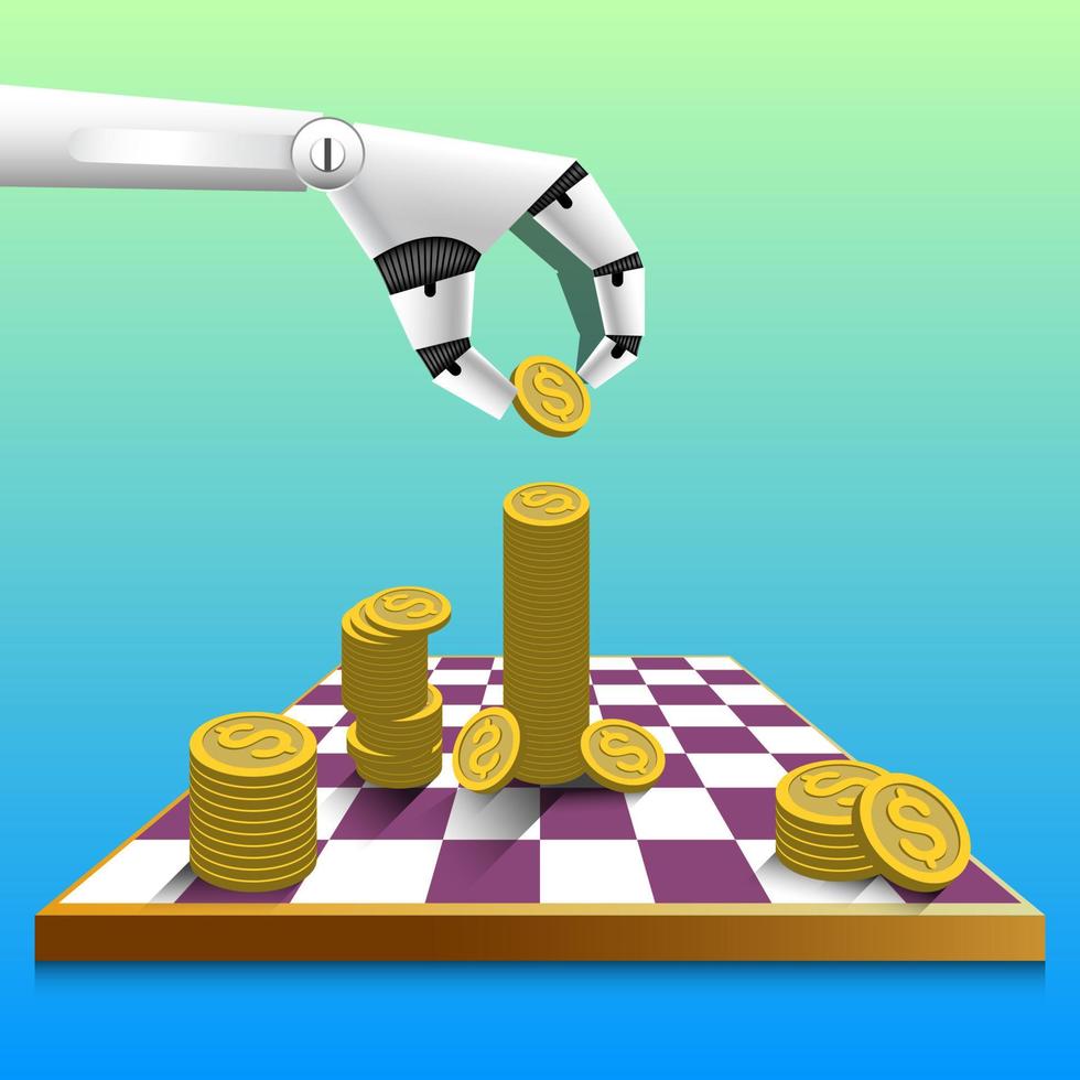 diseño 3d plano, negocio financiero, robot puso dinero en el tablero de ajedrez, ilustrador vectorial vector