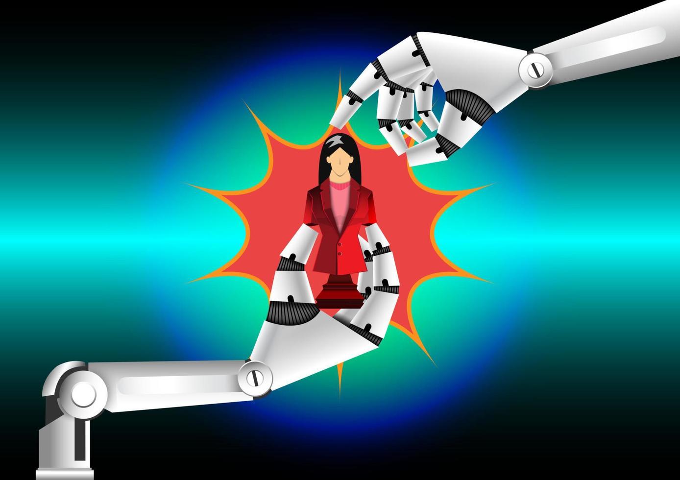 concepto de liderazgo, robot tocando una mujer de negocios de ajedrez rojo, fondo de luz azul, ilustrador vectorial vector