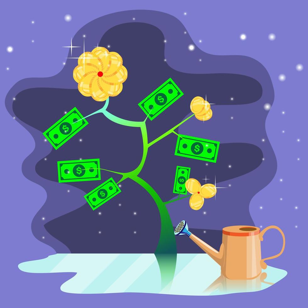 diseño 3d cortado en papel, un árbol de efectivo y dinero, una lata de riego, ilustrador vectorial vector