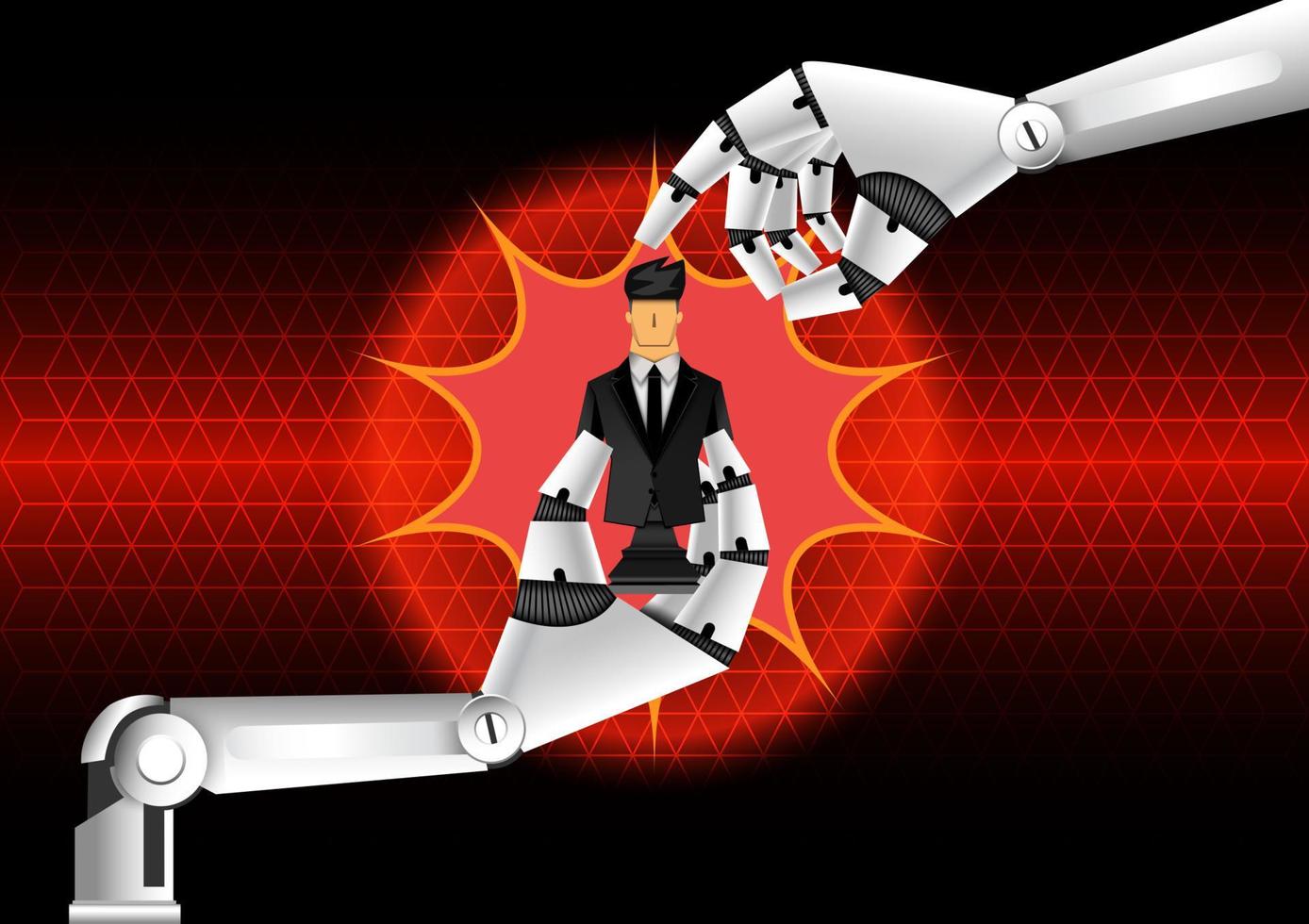 leadership concept, robot touching a black-chess-businessman, red light background, vector illustrator