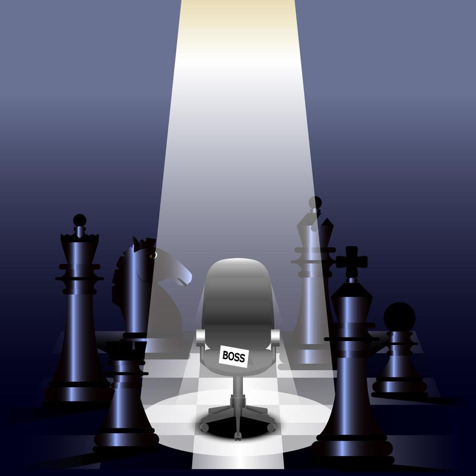 light shining down, empty boss chair, all chess on a chessboard, vector illustrator