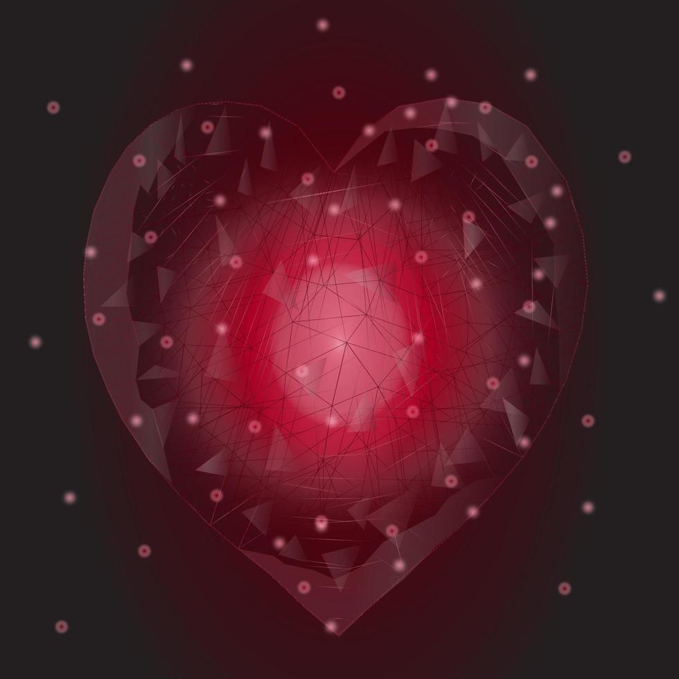 polígono bajo del corazón. rojo y oscuro. ilustrador de fondo abstracto. diseño de efecto de tecnología brillante de neón vector
