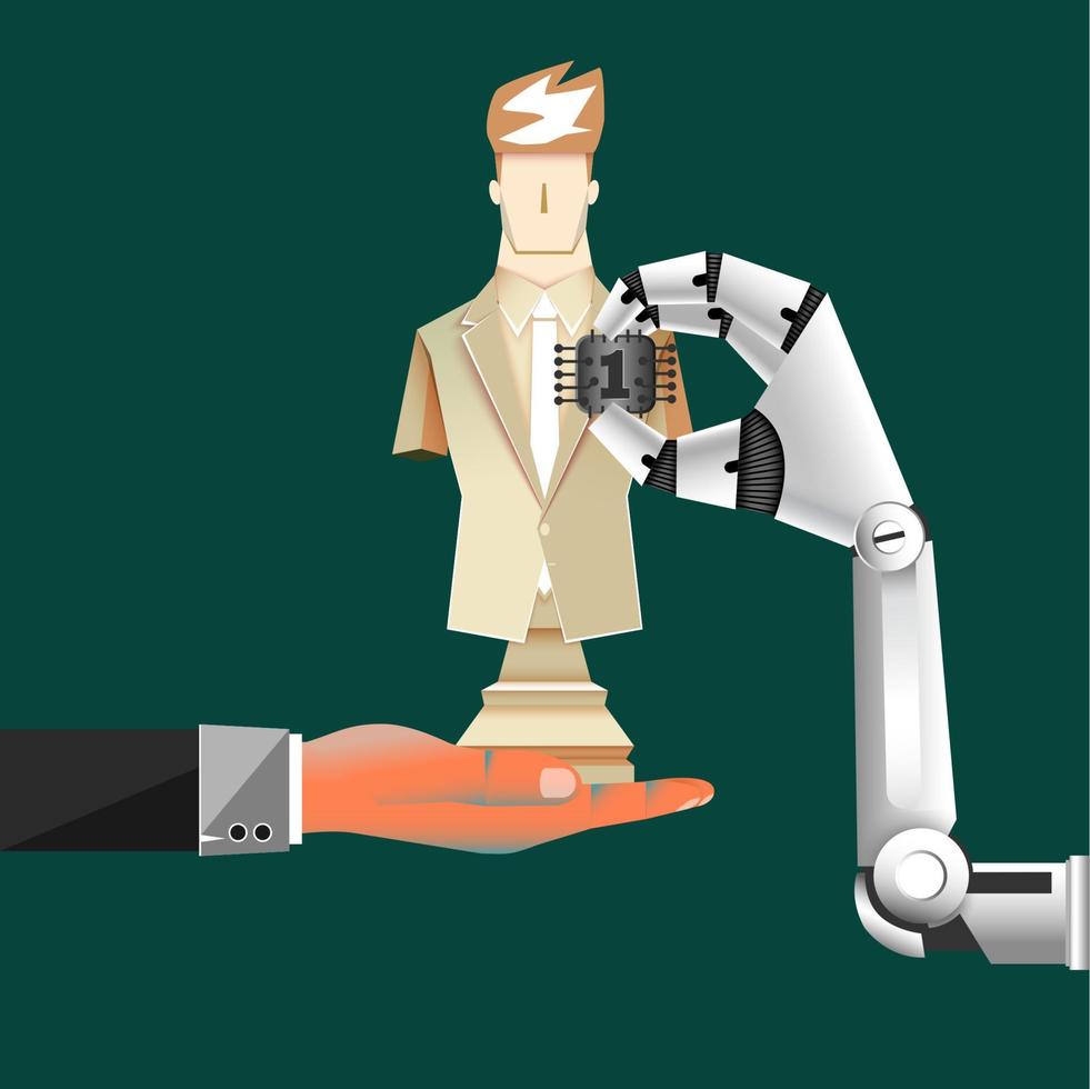 leadership concept, a robot give a chip program to a bronze-chess-businessman, number one, vector illustrator