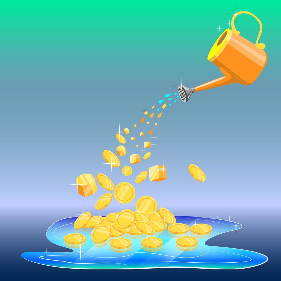 flat 3d design, a watering can is watering into gold money, vector illustrator