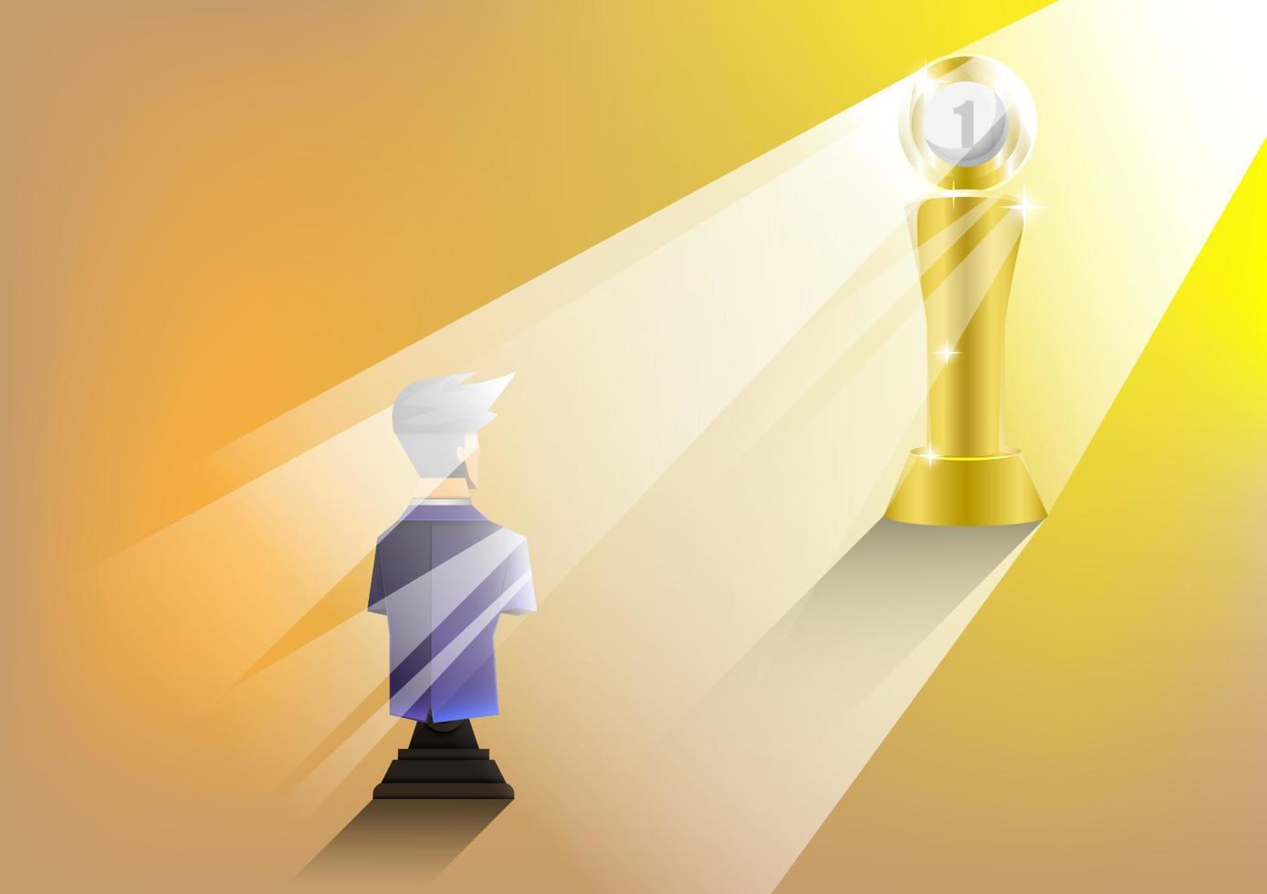 concepto de liderazgo, luz que brilla a lo largo de un trofeo para un hombre de negocios de ajedrez azul, número uno, ilustrador vectorial vector