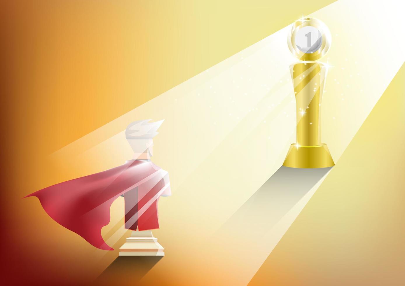 leadership concept, light shining throughout a trophy to a red-chess-businessman wear a red cover, number one, vector illustrator