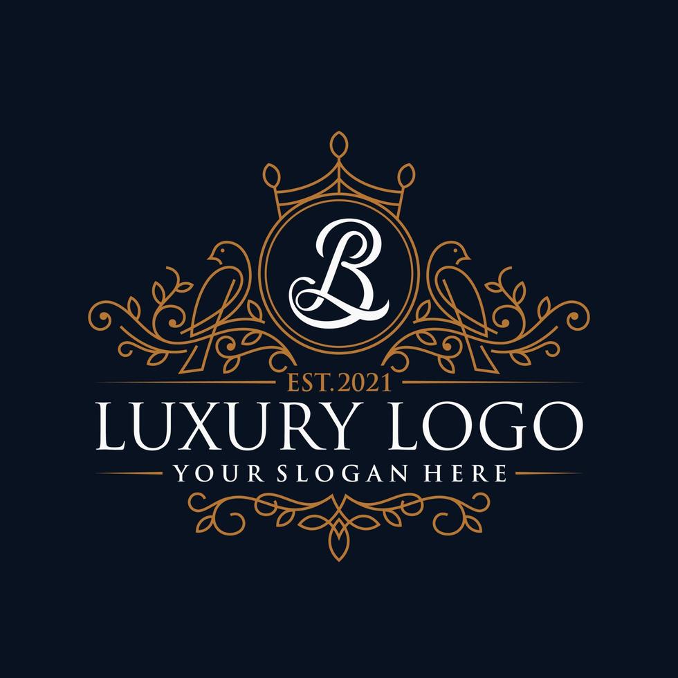 Ilustración de vector de diseño de plantilla de cresta de monograma de logotipo de lujo. adornos de viñeta vintage de la marca real.