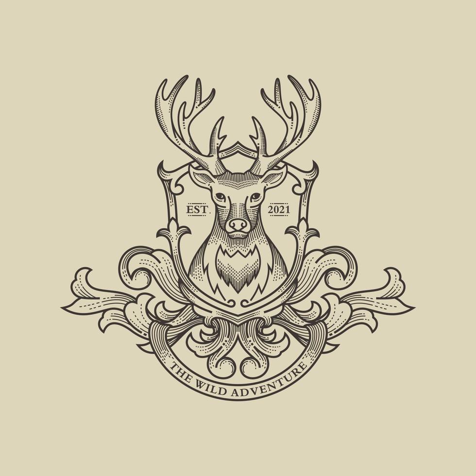 Deer head Design Element in Vintage Style for Logotype, Label, Badge, T-shirts and other design. Hunting club Retro vector illustration.