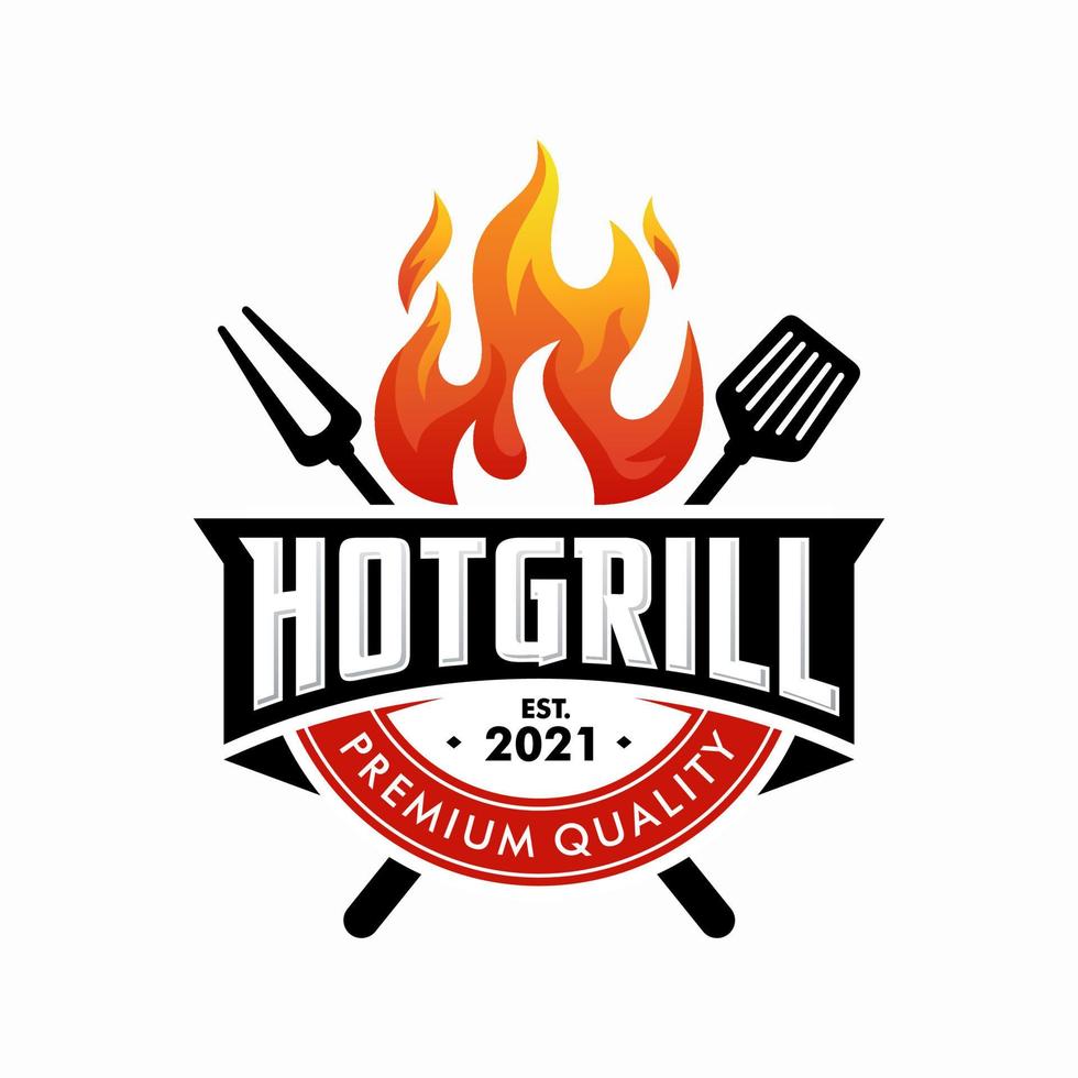vintage grilled barbecue logo, retro BBQ vector, fire grill food and restaurant icon, Red fire icon vector