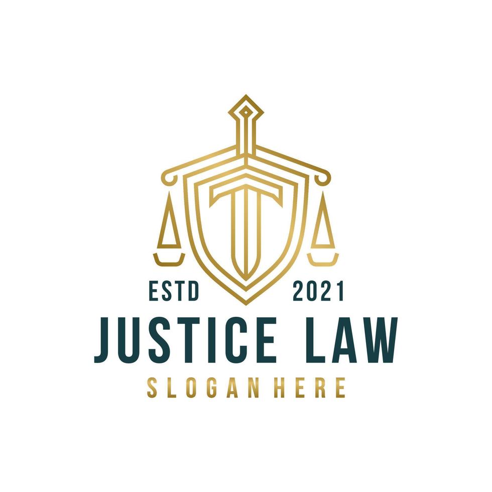 Lawyer Attorney Advocate Logo design vector template Linear style. Shield Sword Law Legal firm Security company logotype. Protect defense concept icon.