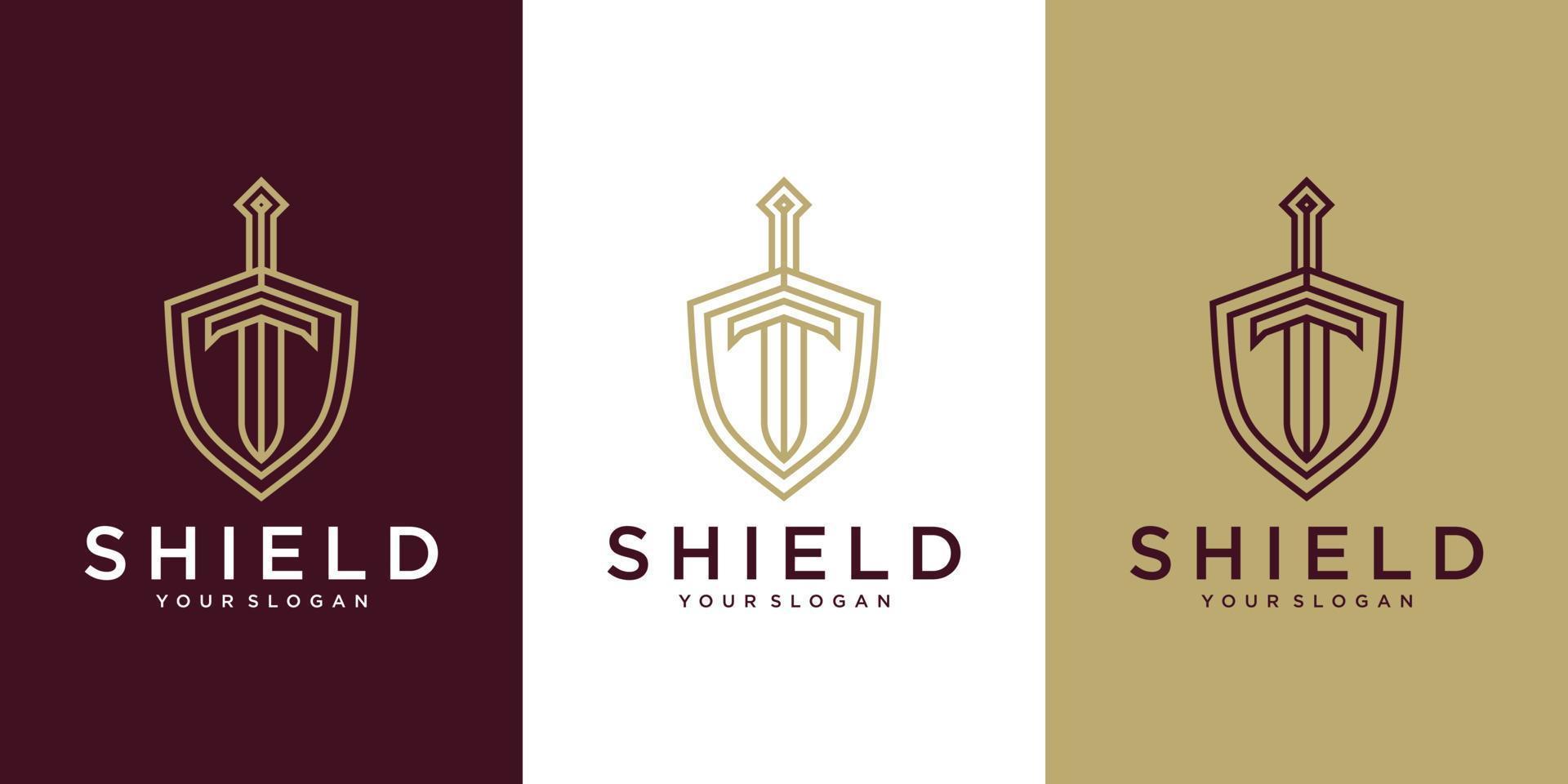 Diseño de logotipo de escudo elegante vector de concepto, símbolo de guardián, plantilla de logotipo de escudo y espada