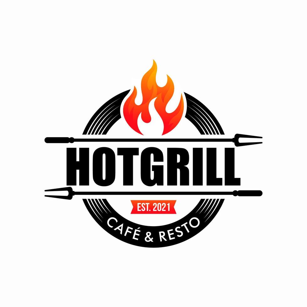 vintage grilled barbecue logo, retro BBQ vector, fire grill food and restaurant icon, Red fire icon vector