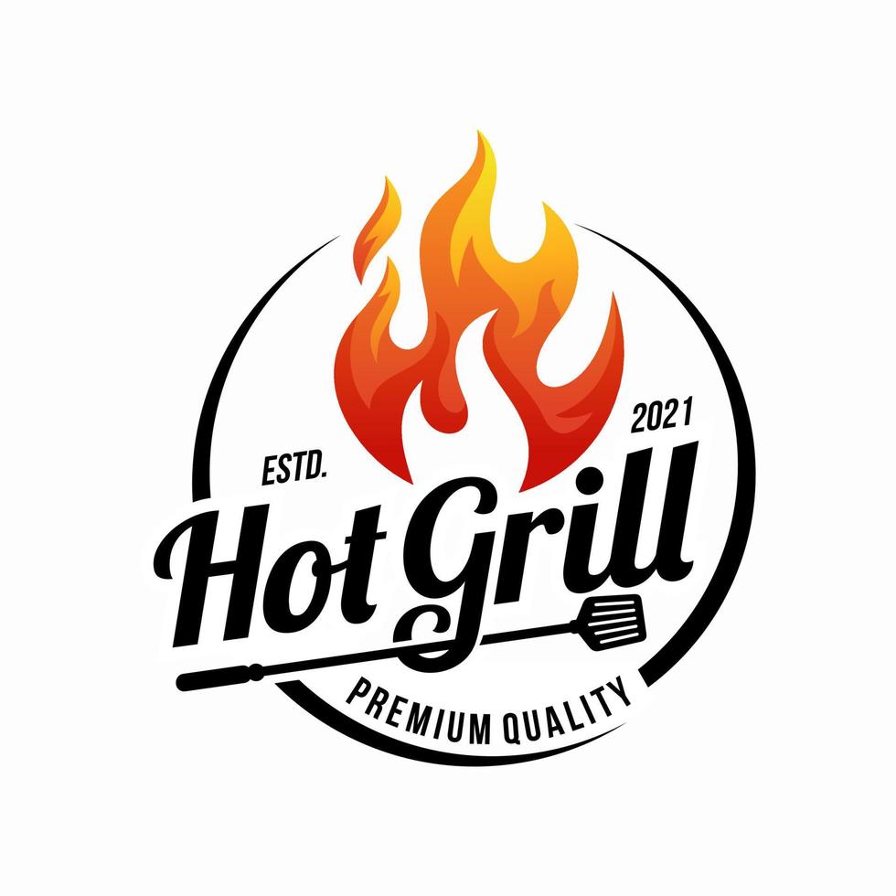 logotipo de barbacoa a la parrilla vintage, vector de barbacoa retro, icono de restaurante y comida a la parrilla, icono de fuego rojo