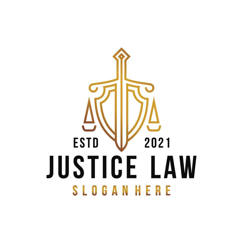 Lawyer Attorney Advocate Logo design vector template Linear style. Shield Sword Law Legal firm Security company logotype. Protect defense concept icon.