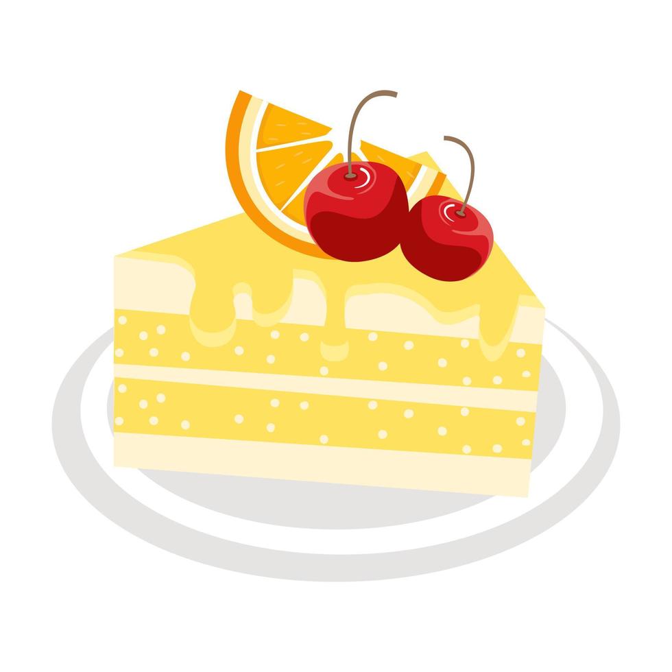 Orange cake topped with cherry. vector