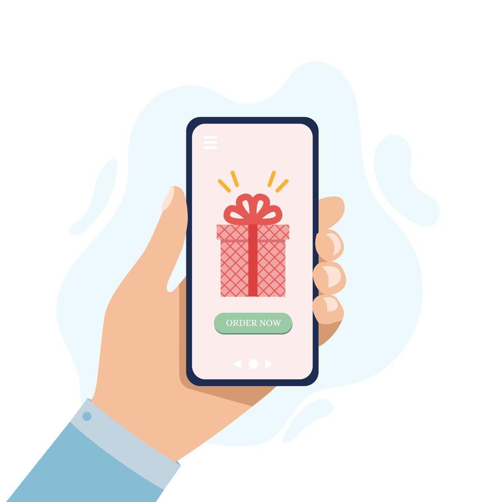 Gift online shopping concept. Ordering gifts online from home. Huge present box in smartphone screen. Shopping in mobile app. E-Commerce Online Shop . Flat vector illustration.