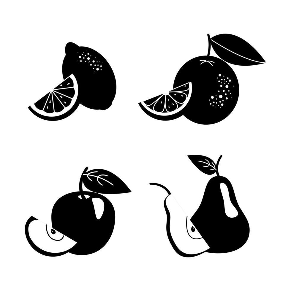 Apple, orange, lemon, pear and slice icons. Outline black vector illustration